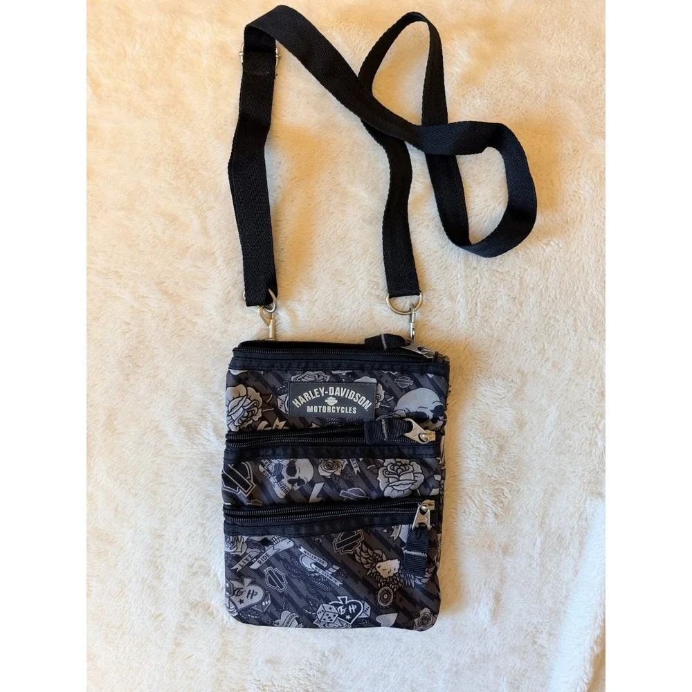 Harley Davidson Motorcycle Gray Tattoo Cross Body Bag Skull Hearts Roses EUC